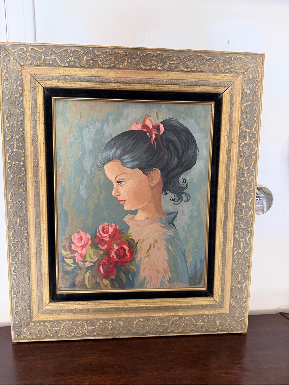Large Vintage Portrait Painting of Girl with Pink Flowers - Unbranded